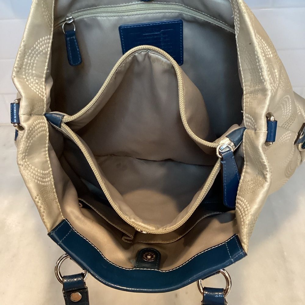 Coach Bag Purse Handbag Ashley Dotted OpArt Tan Blue Canvas Leather Carry All - Picture 13 of 14